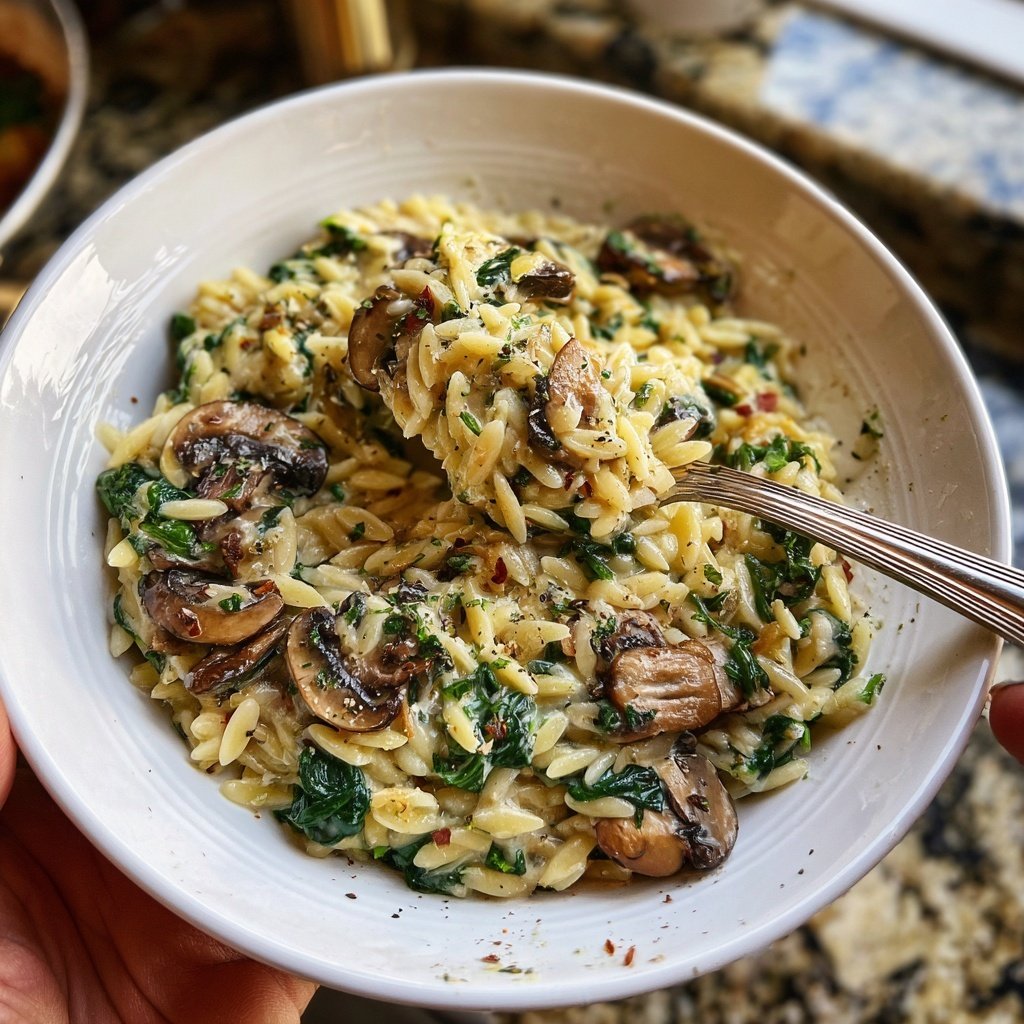 Romantic Creamy Spinach Mushroom Orzo
